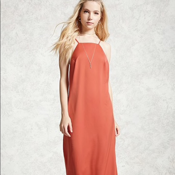 Silky burnt orange maxi dress with slit - Picture 2 of 5